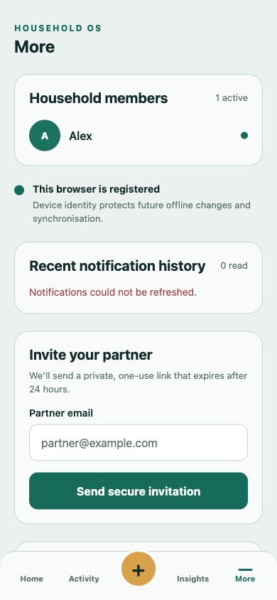 The Household OS settings screen, showing household members, device registration and a secure partner invitation