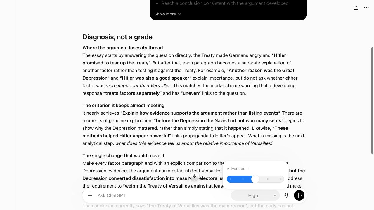 ChatGPT set to High, diagnosing a synthetic history essay against a supplied mark scheme