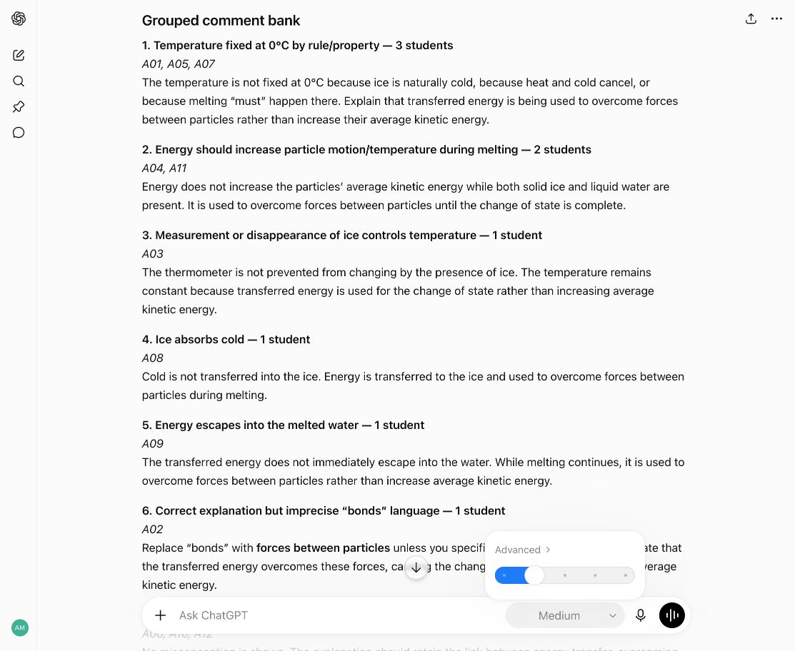 ChatGPT set to Medium, showing a grouped comment bank for synthetic Year 9 science answers