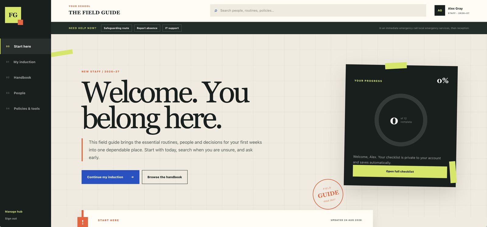 The Field Guide start page, with the need-help-now row and the twelve-step checklist
